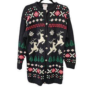 PBJ  Sport Vintage Christmas Button Down Cardigan Knit Black Sweater